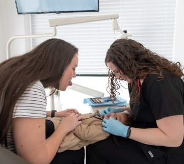 Dentist showing a model of teeth to a patient